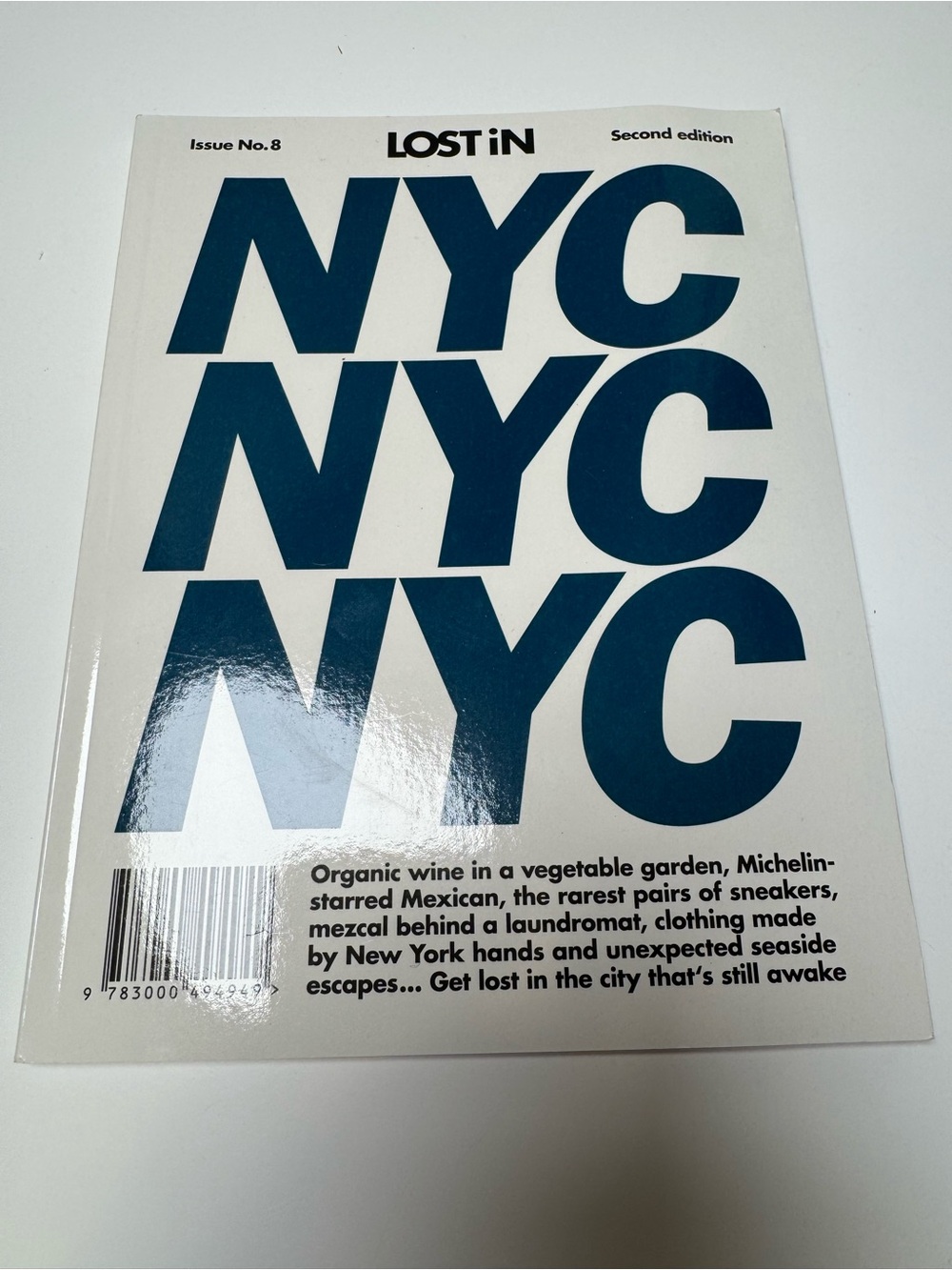 Lostin Magazine Spread — White with Navy Text